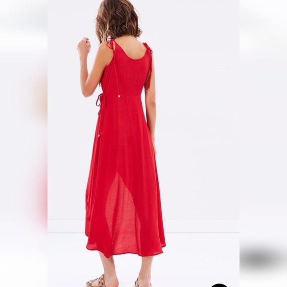 Mink Pink wrap midi dress Red S XS strappy tie waist frill hem cocktail v-neck - Picture 4 of 11
